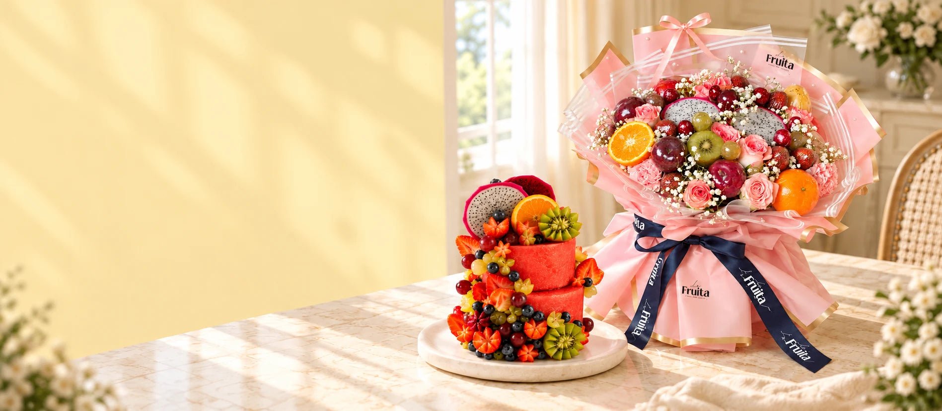 Royal Blush fruit bouquet and Signature All-Fruit Cake in a sunlit setting